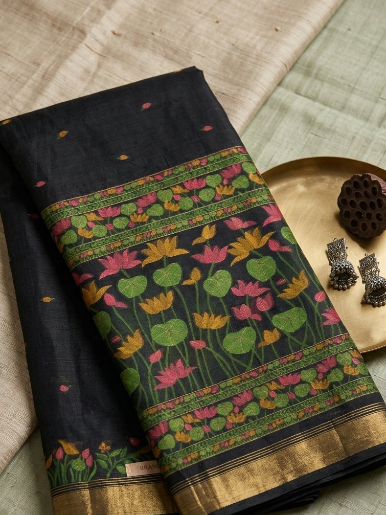 Black Soft Silk Blend Saree with Pink Lotus Pallu, Zari Border and Tassels