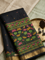 Black Soft Silk Blend Saree with Pink Lotus Pallu, Zari Border and Tassels