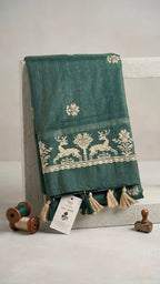 The Enchanted Forest Cotton Drape: Woven Stag & Tree Saree