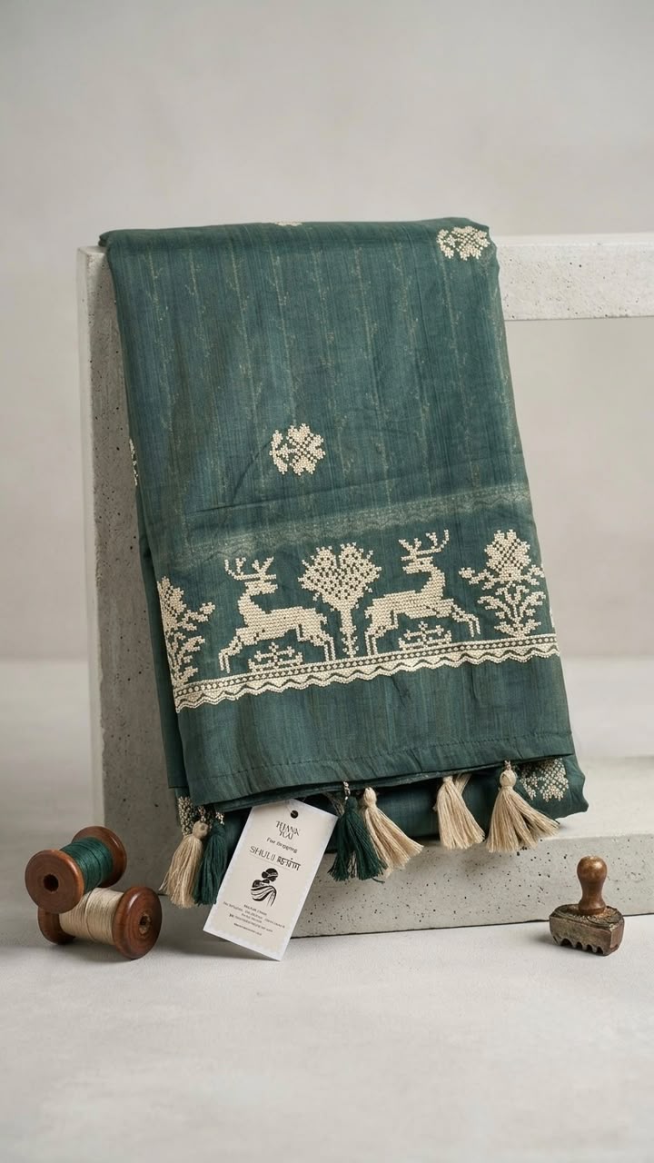 The Enchanted Forest Cotton Drape: Woven Stag & Tree Saree