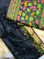 Black Soft Silk Blend Saree with Pink Lotus Pallu, Zari Border and Tassels