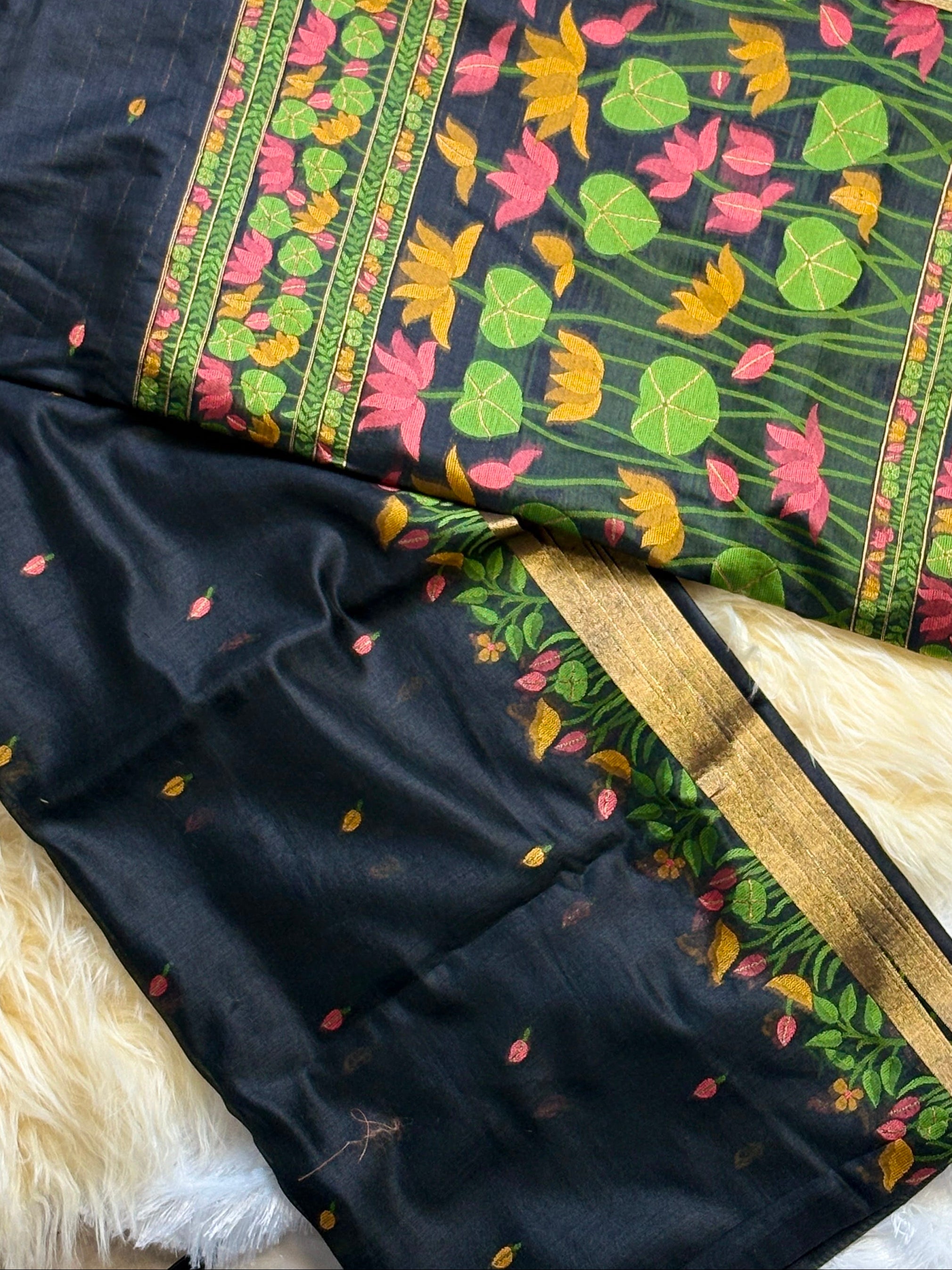 Black Soft Silk Blend Saree with Pink Lotus Pallu, Zari Border and Tassels
