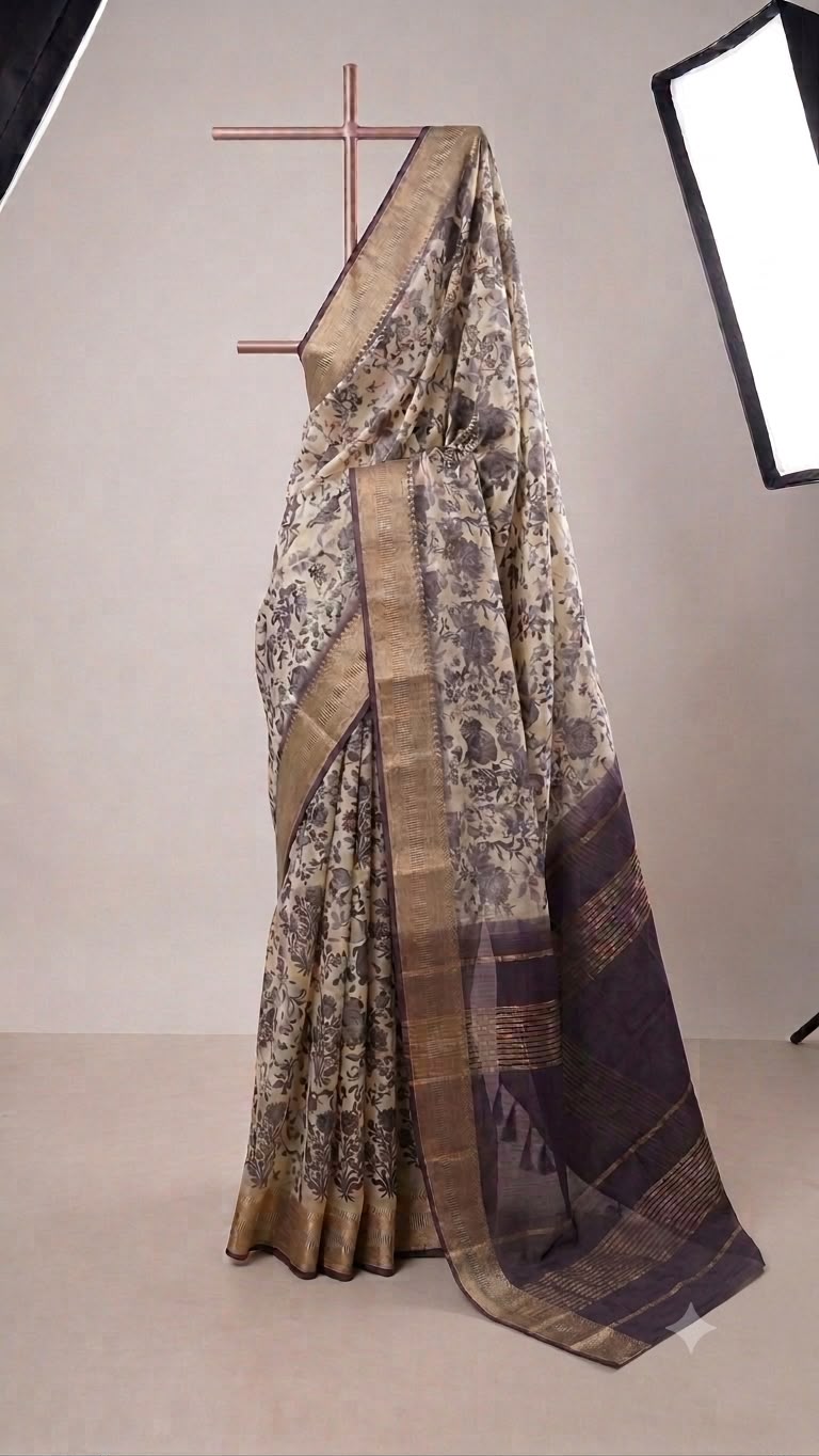 Vintage Floral Print Silk Saree in Beige & Deep Plum with Zari Border
