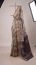 Vintage Floral Print Silk Saree in Beige & Deep Plum with Zari Border