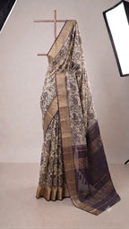 Vintage Floral Print Silk Saree in Beige & Deep Plum with Zari Border