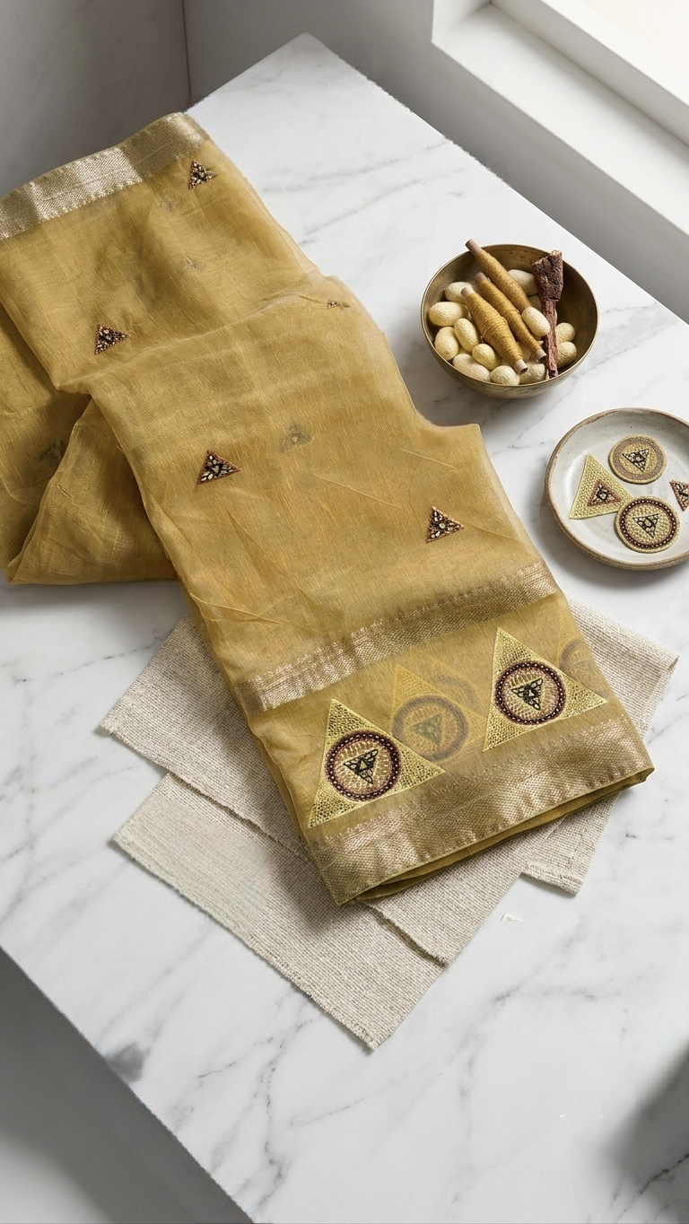 The Golden Geometry: Sheer Silk-Blend Saree with Hand-Beaded Artisan Motifs