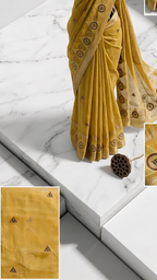 The Golden Geometry: Sheer Silk-Blend Saree with Hand-Beaded Artisan Motifs