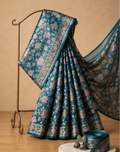 Soft Silk Floral Print Teal Green Blue Festive Wear Saree