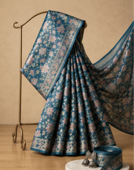 Soft Silk Floral Print Teal Green Blue Festive Wear Saree