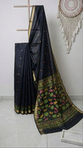 Black Soft Silk Blend Saree with Pink Lotus Pallu, Zari Border and Tassels
