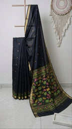 Black Soft Silk Blend Saree with Pink Lotus Pallu, Zari Border and Tassels
