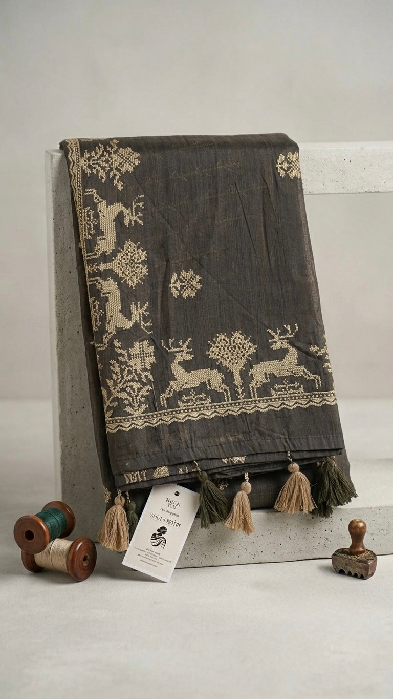 The Enchanted Forest Cotton Drape: Woven Stag & Tree Saree