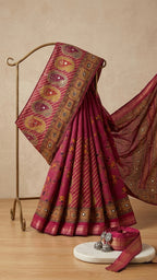 Elegant Magenta Pink Paisley Saree with Zari Border & Mirror Work