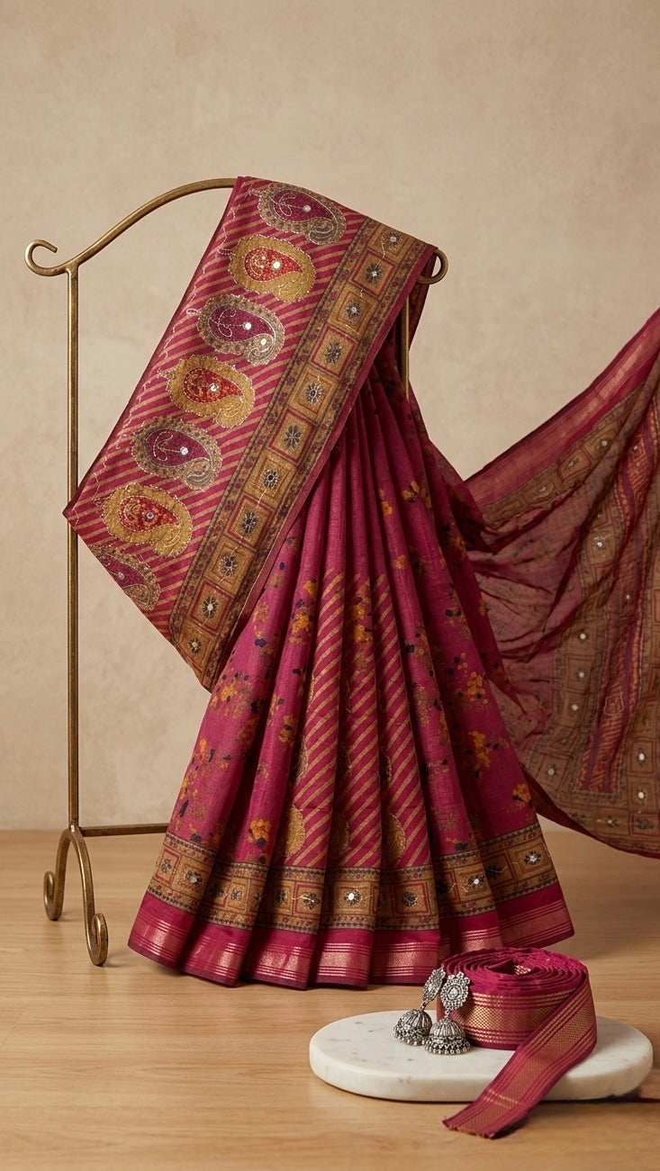 Elegant Magenta Pink Paisley Saree with Zari Border & Mirror Work