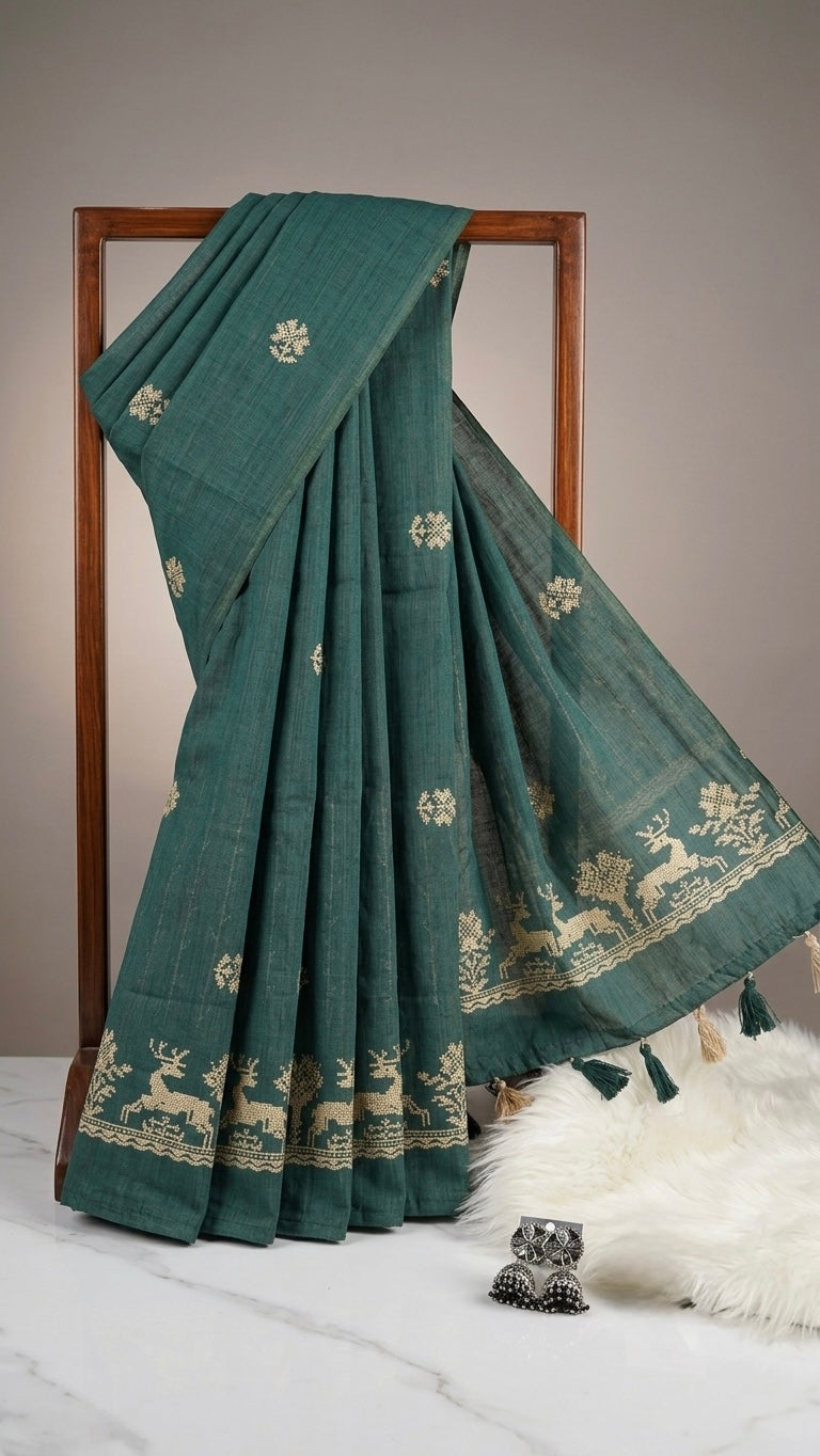 The Enchanted Forest Cotton Drape: Woven Stag & Tree Saree