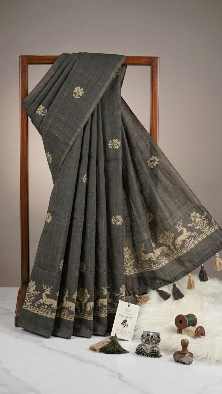 The Enchanted Forest Cotton Drape: Woven Stag & Tree Saree