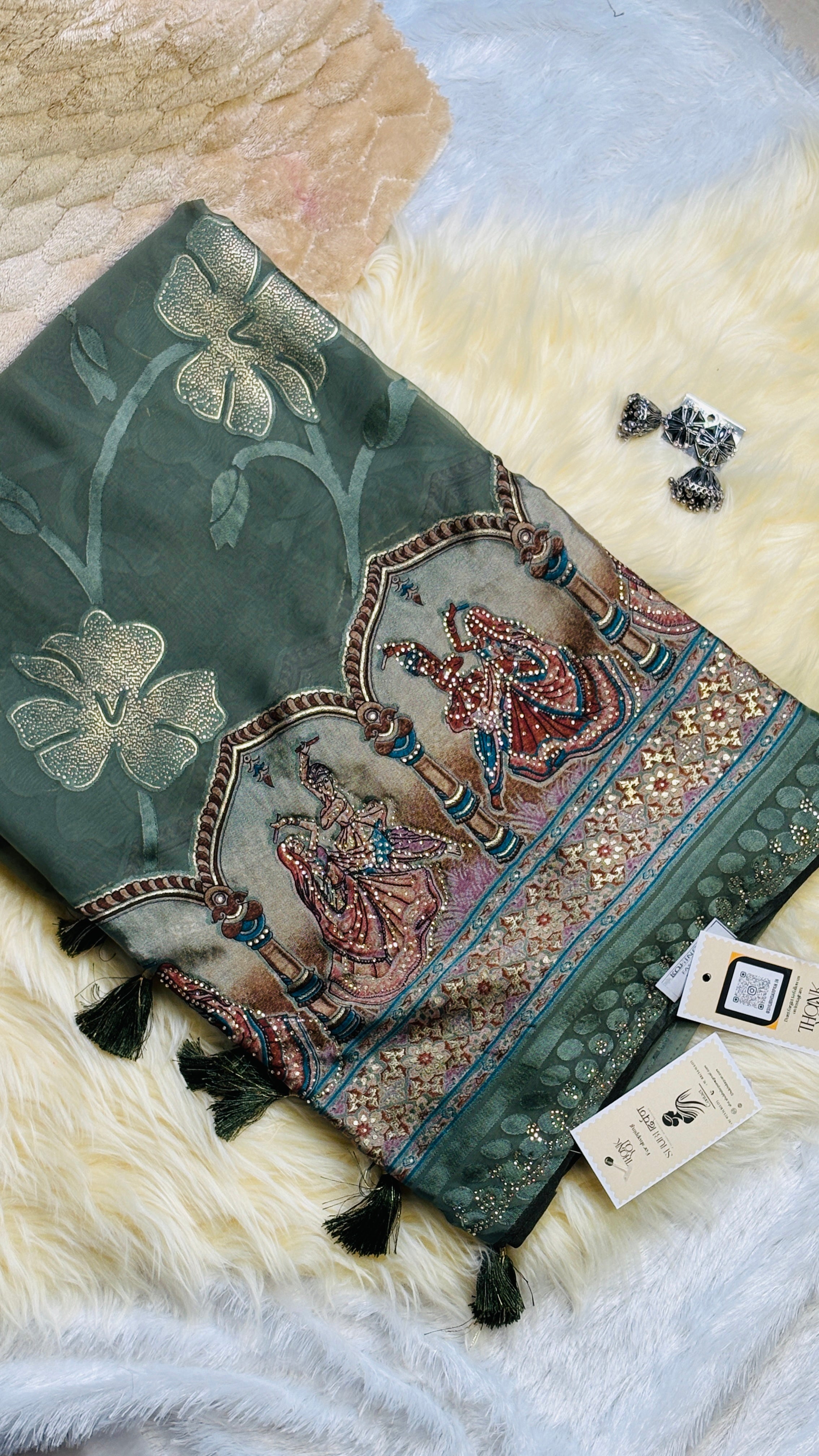 Olive Green Silk Blend Saree with Floral Zari and Embellished Traditional Pallu