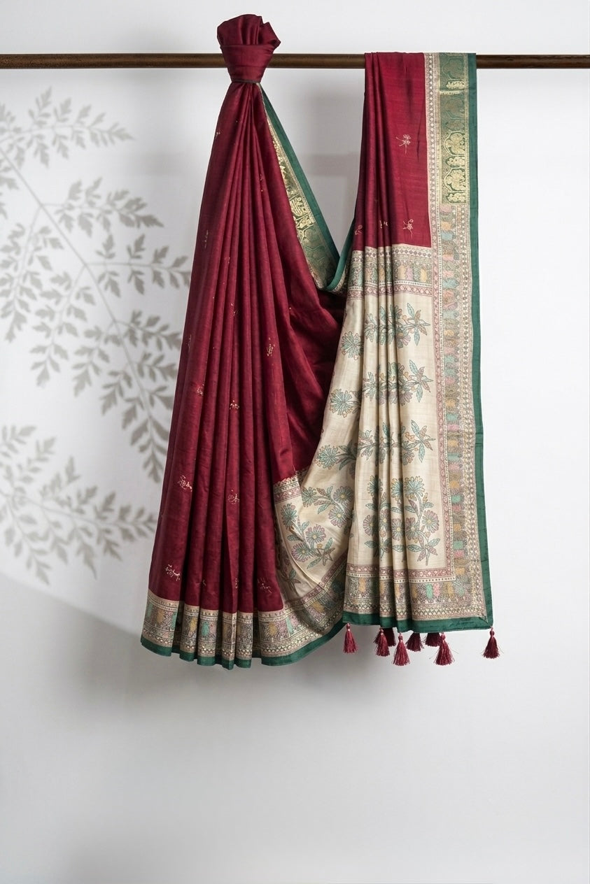 Deep Red and Off-White Floral Printed Saree for Festive Wear with Pallu Tassels