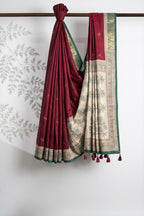 Deep Red and Off-White Floral Printed Saree for Festive Wear with Pallu Tassels