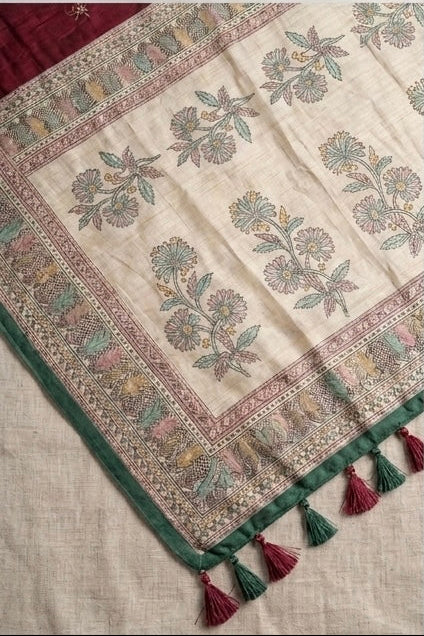 Deep Red and Off-White Floral Printed Saree for Festive Wear with Pallu Tassels