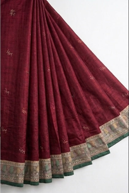 Deep Red and Off-White Floral Printed Saree for Festive Wear with Pallu Tassels