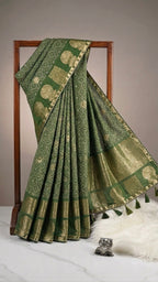 Forest Green Soft Silk Saree with Golden Geometric Weave and Zari Border