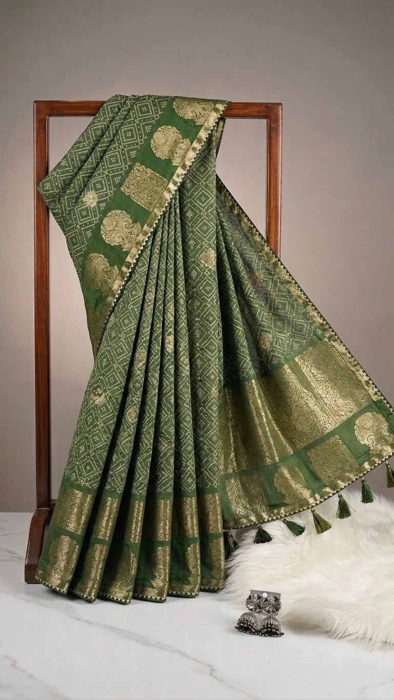 Forest Green Soft Silk Saree with Golden Geometric Weave and Zari Border