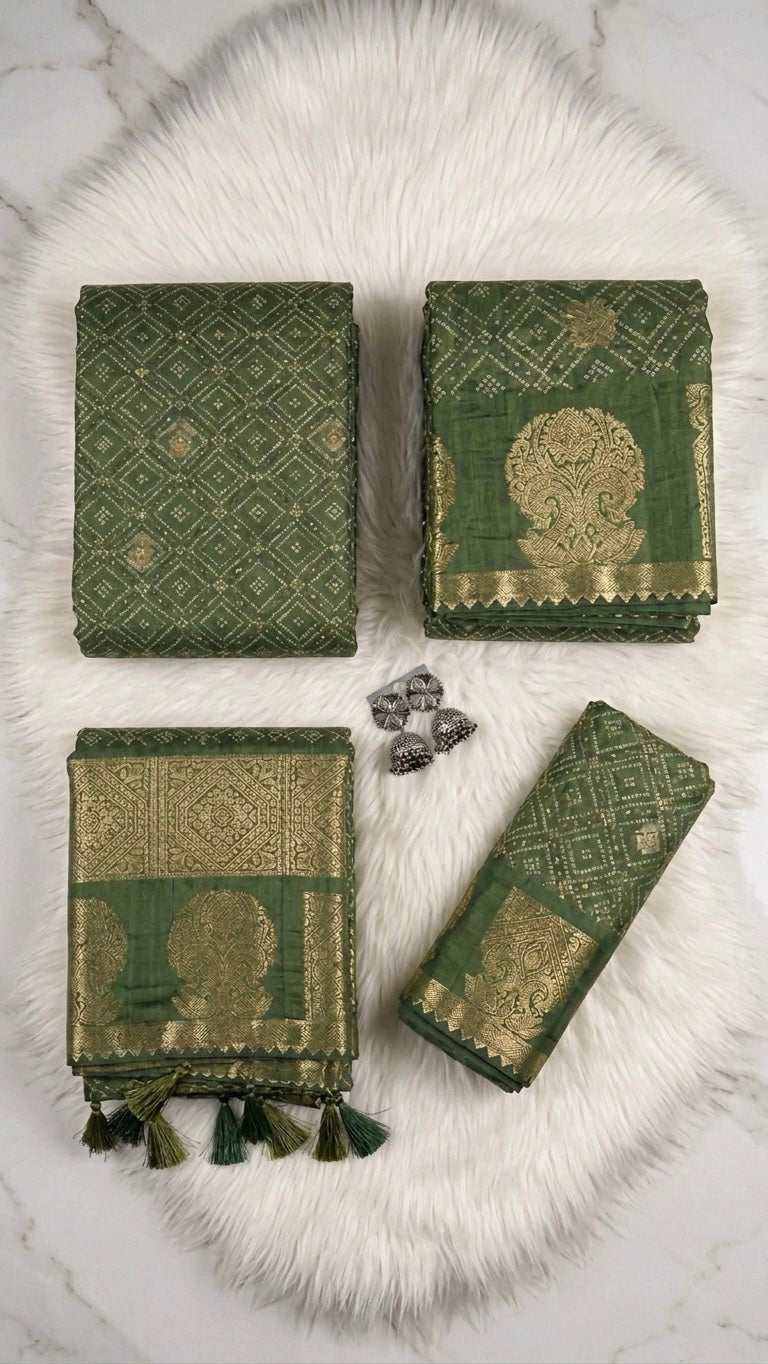 Forest Green Soft Silk Saree with Golden Geometric Weave and Zari Border