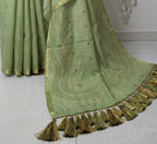 Elegant Sage Green Pure Cotton Saree with Scalloped Embroidered Pallu