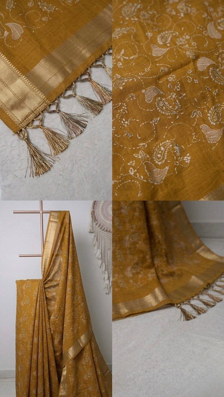 The Golden Ochre Drape: Textured Handloom Saree with Delicate Paisley Embroidery and Zari Border