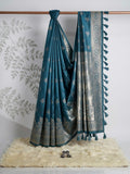 Teal Blue Party Wear Art Silk Saree with Silver Zari Work & Pallu Tassels