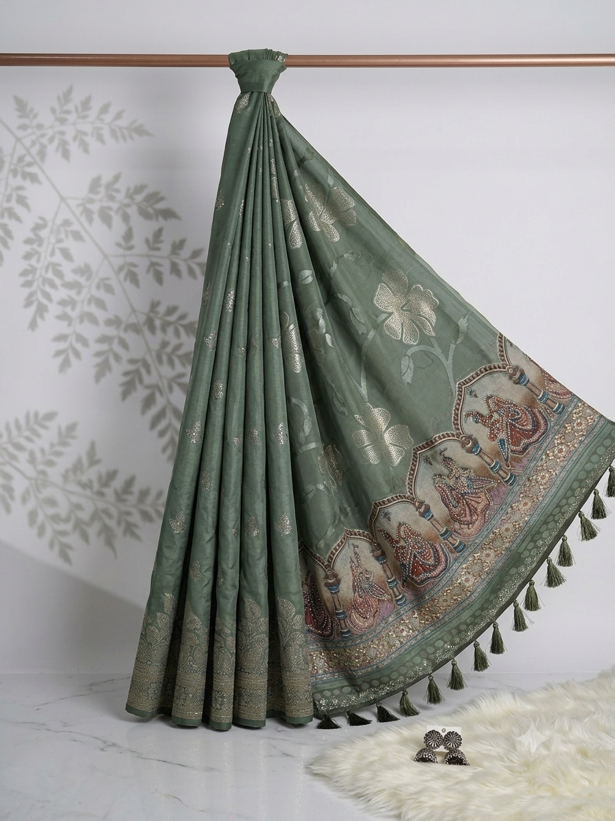 Olive Green Silk Blend Saree with Floral Zari and Embellished Traditional Pallu