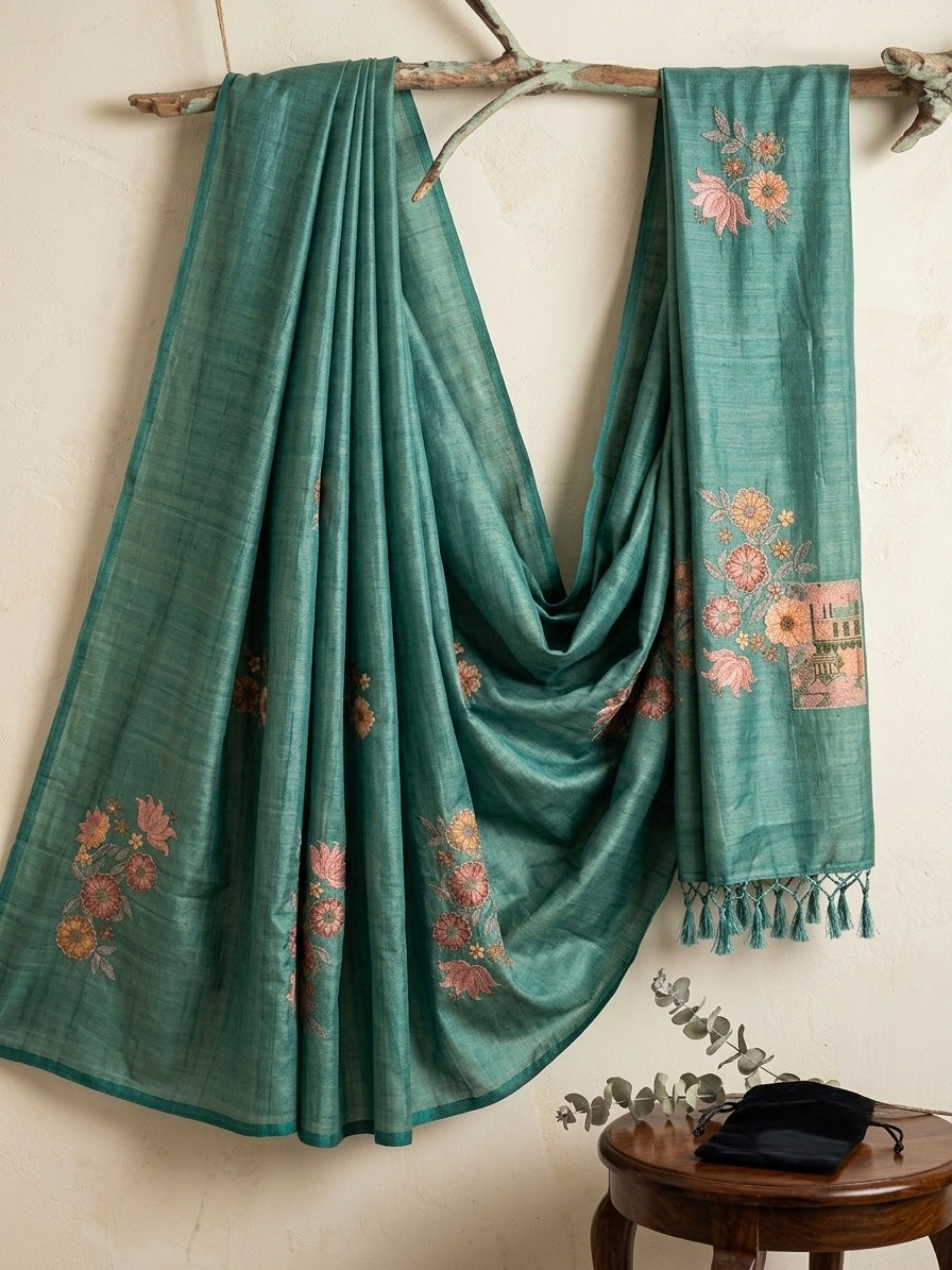 Teal Green Textured Silk-Blend Saree with Pink Floral Embroidery and Tassels