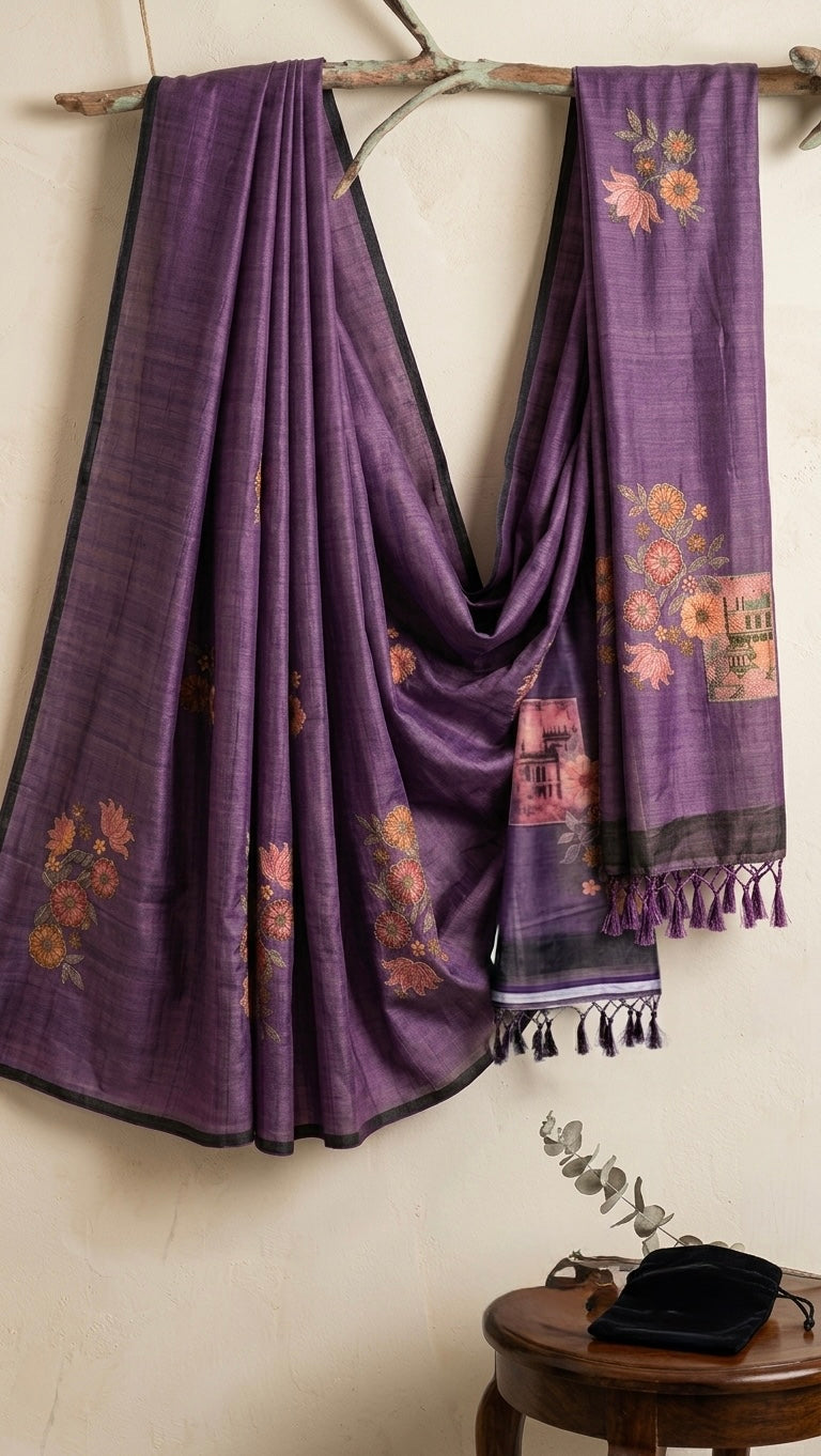 Deep Purple Textured Silk-Blend Saree with Pastel Floral Embroidery and Tassels