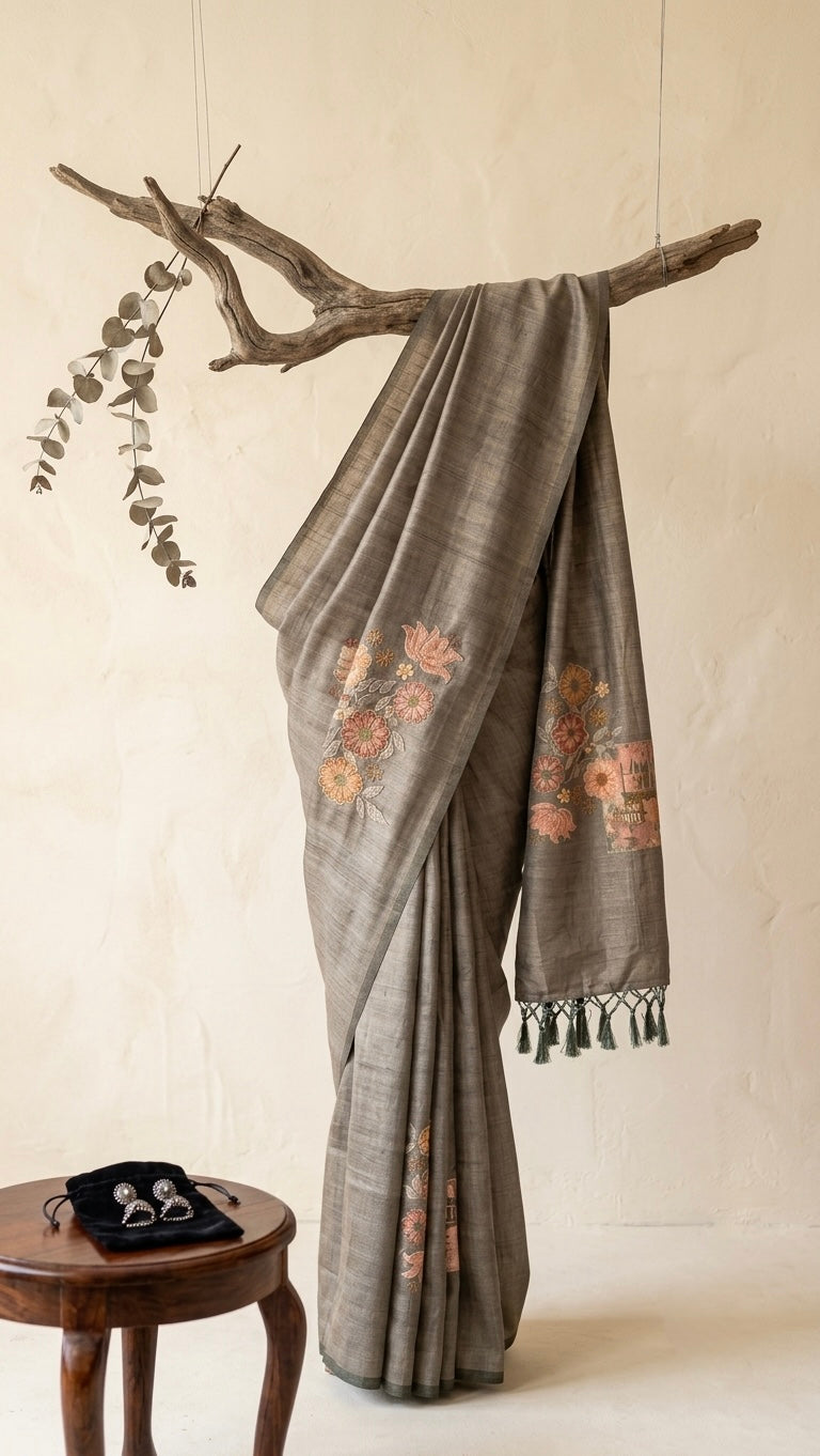 The Earthy Taupe: Textured Handloom Saree with Pastel Floral Embroidery
