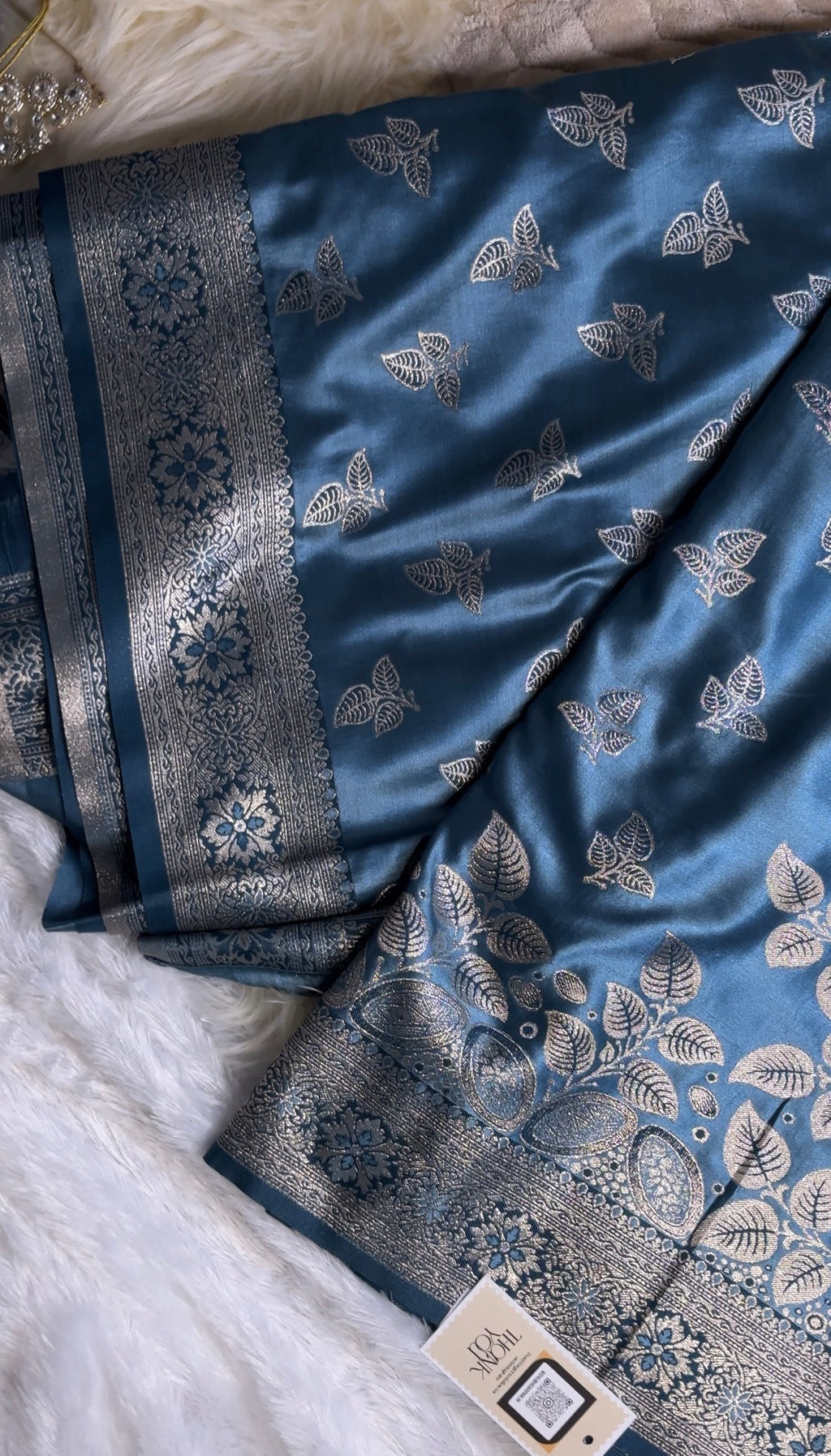 Teal Blue Party Wear Art Silk Saree with Silver Zari Work & Pallu Tassels