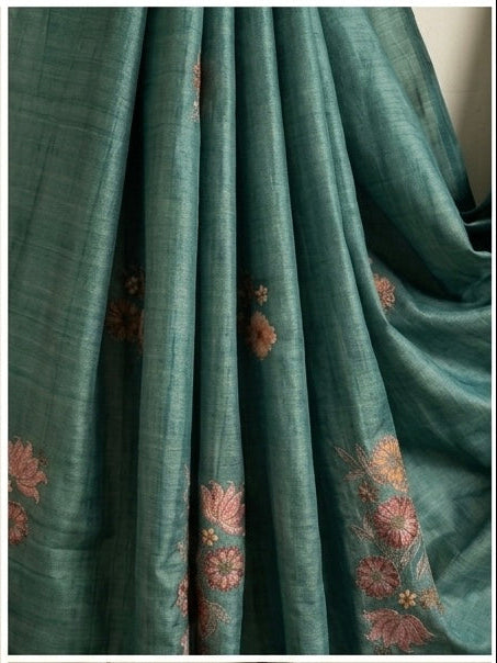 Teal Green Textured Silk-Blend Saree with Pink Floral Embroidery and Tassels