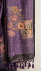Deep Purple Textured Silk-Blend Saree with Pastel Floral Embroidery and Tassels