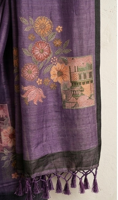 Deep Purple Textured Silk-Blend Saree with Pastel Floral Embroidery and Tassels