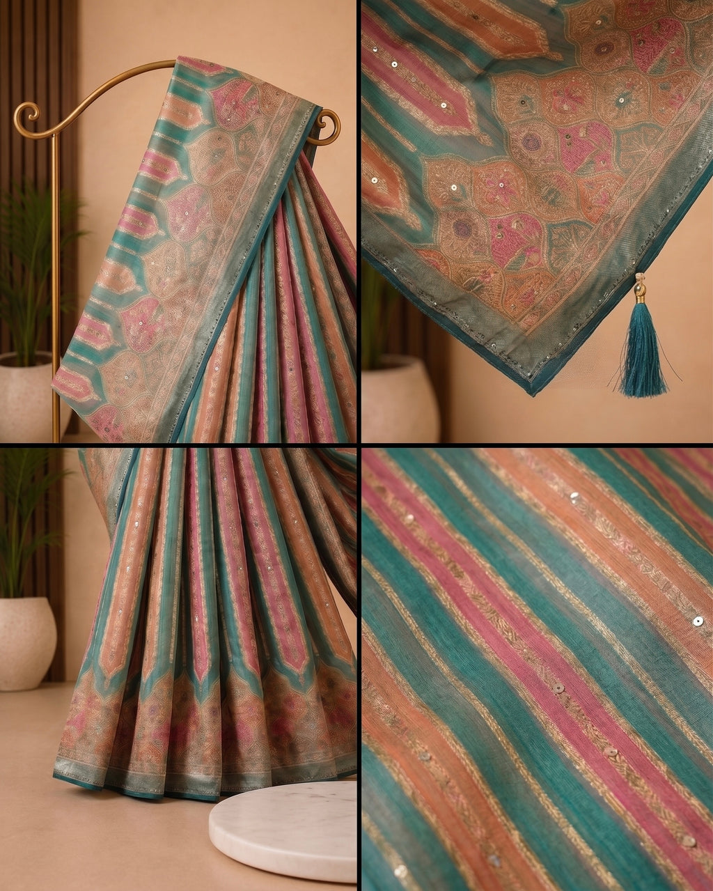 Teal Green Soft Silk Saree with Woven Pink Floral Stripes & Delicate Sequin Work | Festive Party Wear