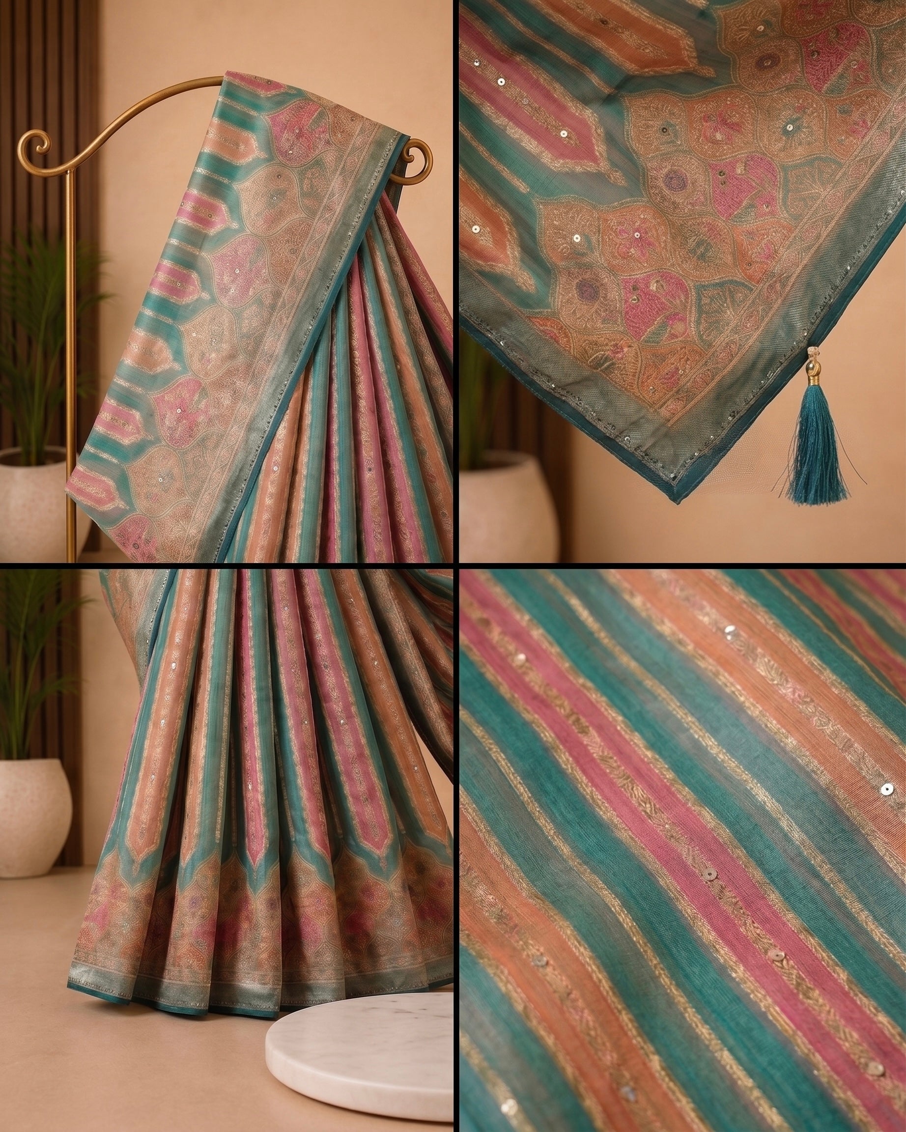 Teal Green Soft Silk Saree with Woven Pink Floral Stripes & Delicate Sequin Work | Festive Party Wear