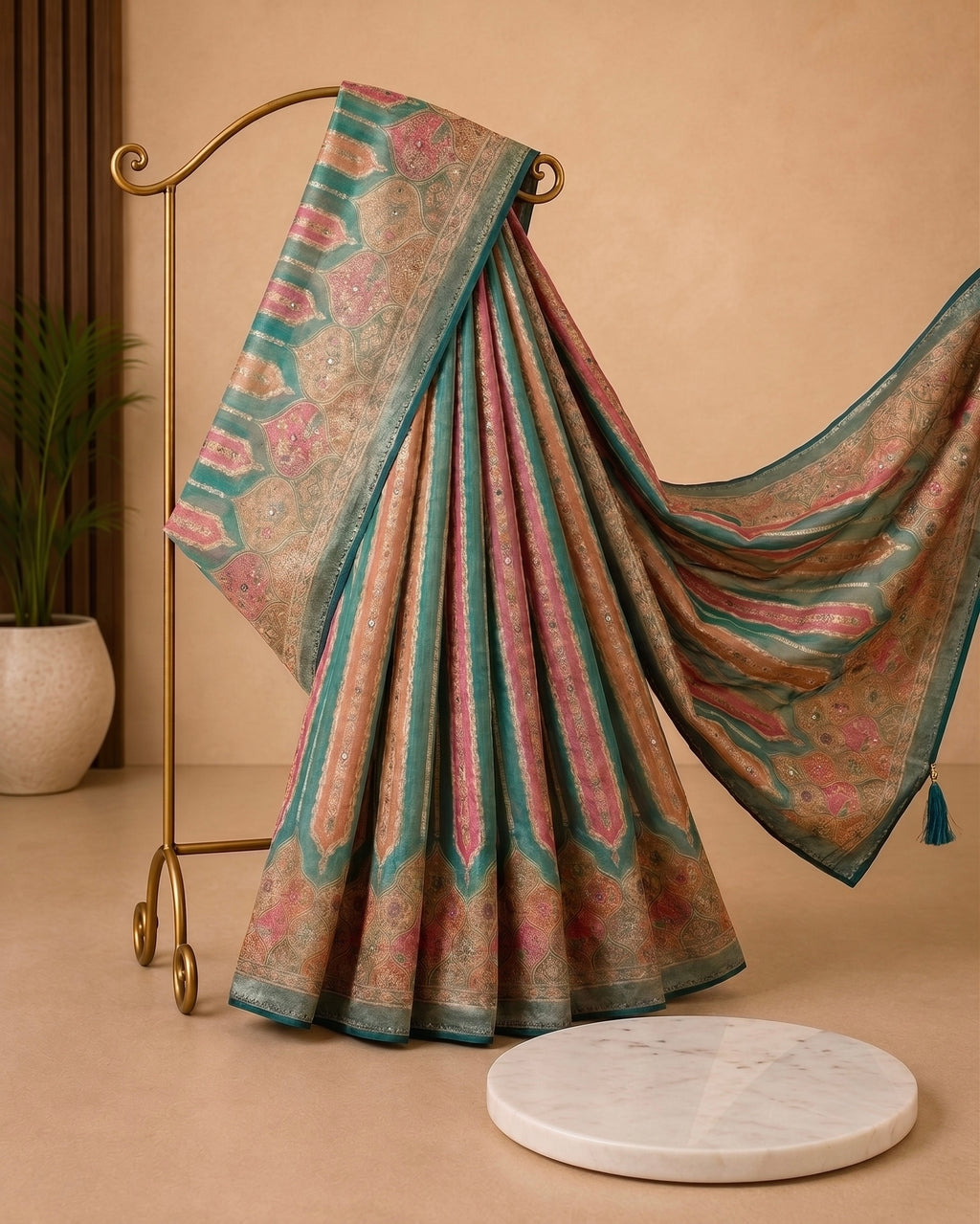 Teal Green Soft Silk Saree with Woven Pink Floral Stripes & Delicate Sequin Work | Festive Party Wear