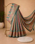 Teal Green Soft Silk Saree with Woven Pink Floral Stripes & Delicate Sequin Work | Festive Party Wear