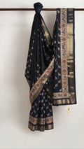 Elegant Charcoal Black Silk Saree with Elephant Motifs & Floral Zari Border