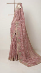 Ethereal Dusty Pink Organza Saree with Scalloped Floral Border