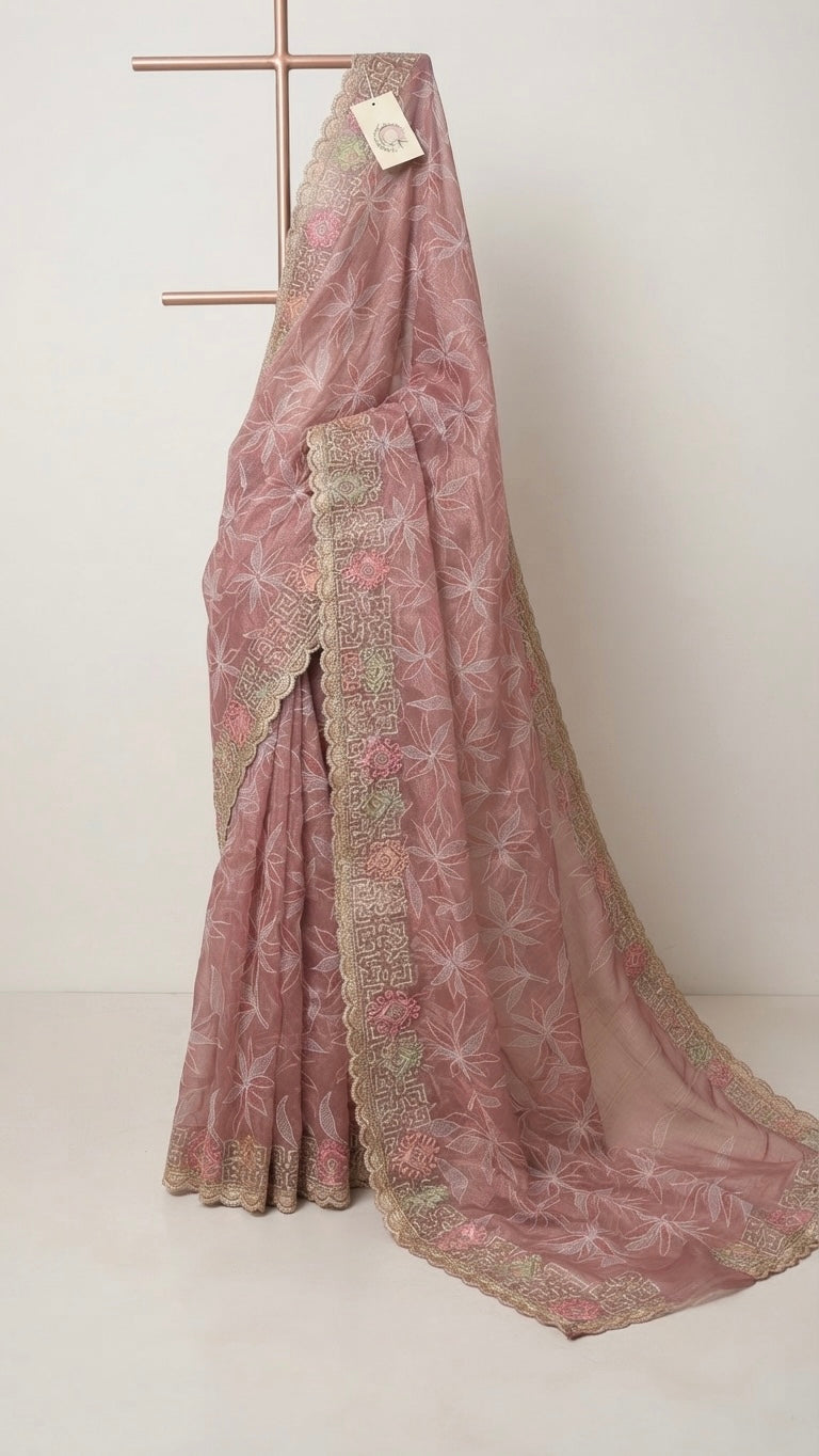 Ethereal Dusty Pink Organza Saree with Scalloped Floral Border