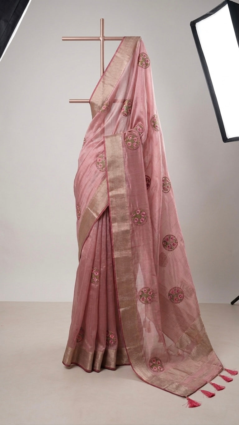 Dusty Rose Chanderi Tissue Saree with Hand-Embroidered Floral Bootas & Zari Border