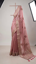 Dusty Rose Chanderi Tissue Saree with Hand-Embroidered Floral Bootas & Zari Border