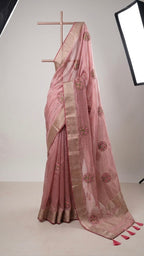 Dusty Rose Chanderi Tissue Saree with Hand-Embroidered Floral Bootas & Zari Border