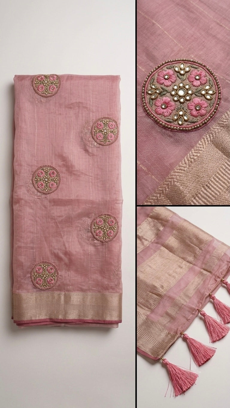 Dusty Rose Chanderi Tissue Saree with Hand-Embroidered Floral Bootas & Zari Border